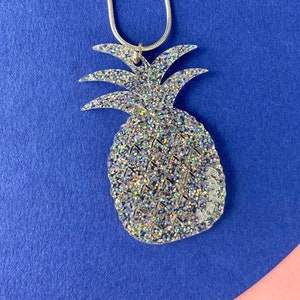 Pineapple necklace / Sterling Silver Necklace Pineapple / Happy Pineapple necklace / Glitter Silver Acrylic Necklace image 3