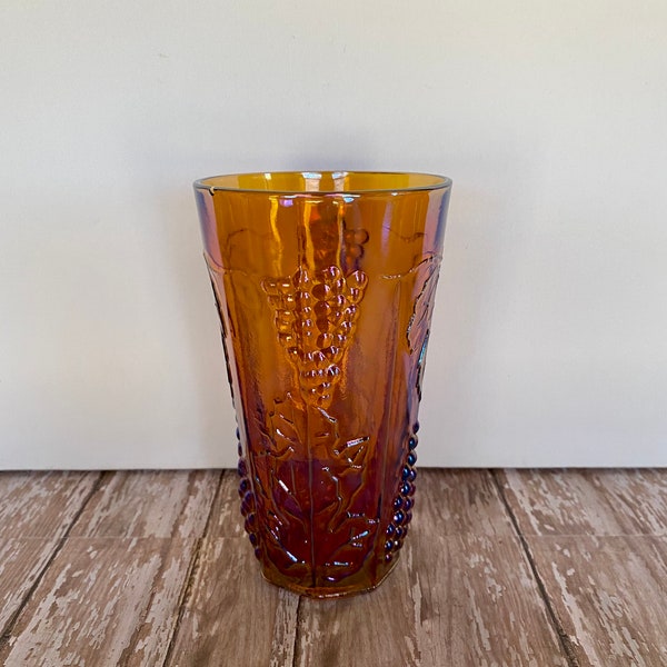 Vintage Amber Harvest Carnival Glass Tumbler, Vintage Amber Iridescent Grape Motif Drinking Glass, Vintage Grape Leaves Amber Carnival Glass