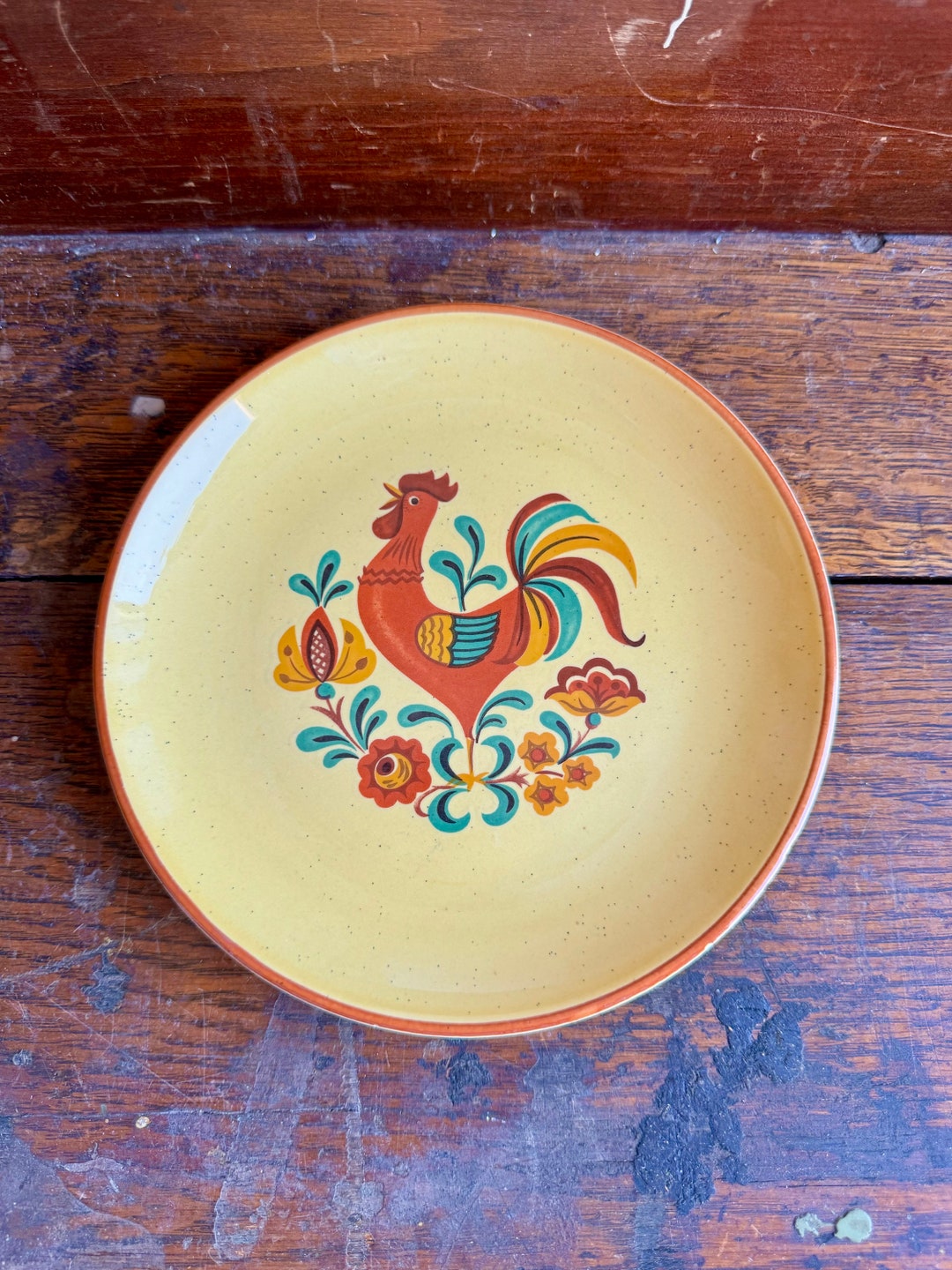 Vintage Rooster Plate Set, Vintage Folk Art Rooster Plate, Vintage