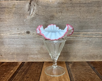 Vintage Fluted Bars and Beads by Jefferson Glass Compote, Vintage Opalescent Edge Compote, Milk Glass Compote, White Ruffled Edge Compote