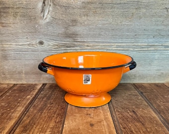 Vintage Orange and Black Viking Colander, Vintage Flower Pattern Colander, Vintage Enamelware Colander, Vintage Farmhouse Colander