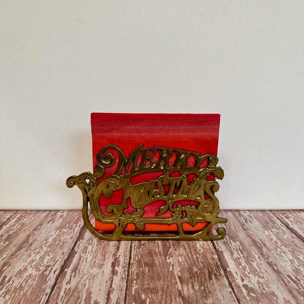 Vintage Brass Merry Christmas Napkin Holder, Vintage Christmas Table Decor, Vintage Brass Christmas Decor