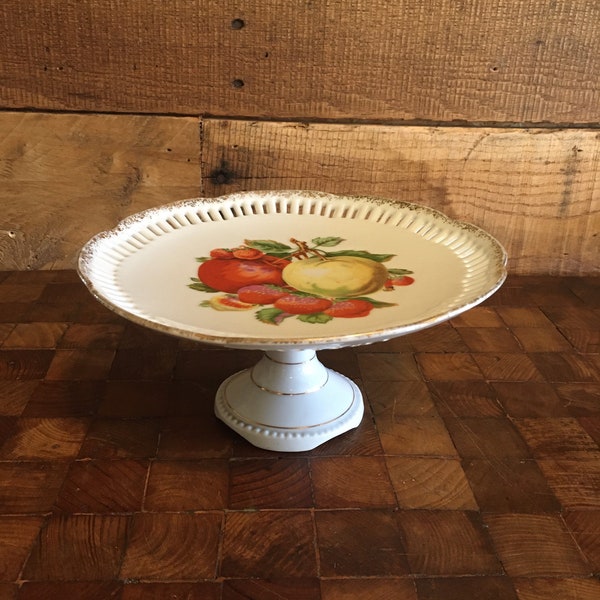 Vintage Small Cake Stand, Vintage Bon Bon Stand, Vintage Fruit Motif Stand, Vintage Relco Hand Painted Fruit Pedestal Stand