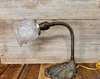 Vintage Cast Metal Goose Neck Table Lamp, Vintage Brass and Clear Shade Lamp, Vintage Gooseneck Table Lamp