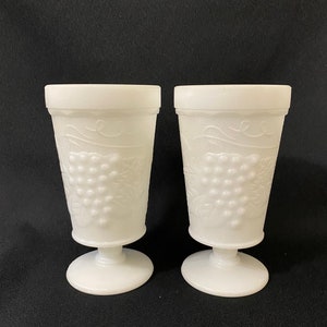 Set of 2 Vintage Milk Glass Water Goblet, Vintage Grape Pattern Milk Glass Wine Glass, Vintage Farm House Milk Glass Goblet