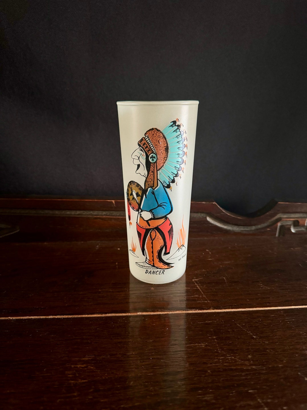 Vintage Native American Drinking Glasses, Bill Flores Frosted Indian