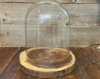 Vintage Wood Display Cloche, Vintage Glass and Wood Cloche, Vintage Live Edge Wood Base Cloche