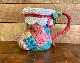 Vintage Fitz and Floyd Quilted Christmas Stocking Pitcher, Vintage F&F 1991 Christmas Pitcher, Vintage Christmas Serving Pieces