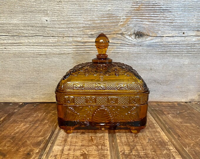 Vintage Amber Tiara Honey Dish With Lid, Vintage Square Honey Box