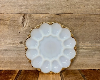Vintage Fire King Milk Glass Deviled Egg Plate, Deviled Egg Platter, MCM Deviled Egg Plate, Gold and Milk Glass Deviled Egg Plate