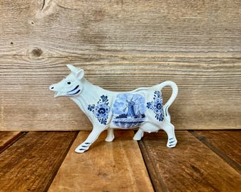 Vintage Cow Creamer - Blue Ceramic Milk Jug - DBL Delft Floral - Etsy