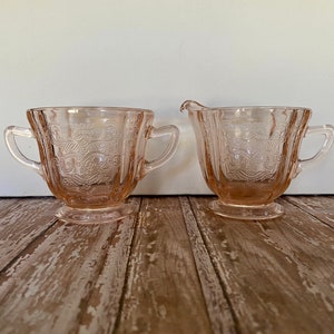 Vintage Pink Glass Creamer Sugar Set, Vintage Indiana Glass Recollection Pink Creamer and Sugar, Vintage Pressed Pink Glass Creamer Sugar