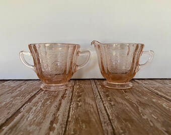 Vintage Pink Glass Creamer Sugar Set, Vintage Indiana Glass Recollection Pink Creamer and Sugar, Vintage Pressed Pink Glass Creamer Sugar