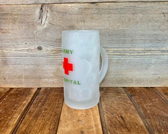 Vintage Army Hospital Frosted Beer Stein, Vintage American Army Beer Stein, Vintage Army Red Cross Frosted Tankard, Vintage MASH Mug