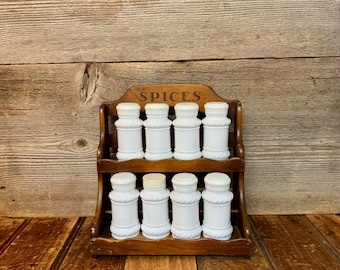 Vintage Wooden Spice Rack, Vintage White Bottle and Wooden Spice Rack, Vintage Kitchen Spice Rack, Vintage Propagation Rack