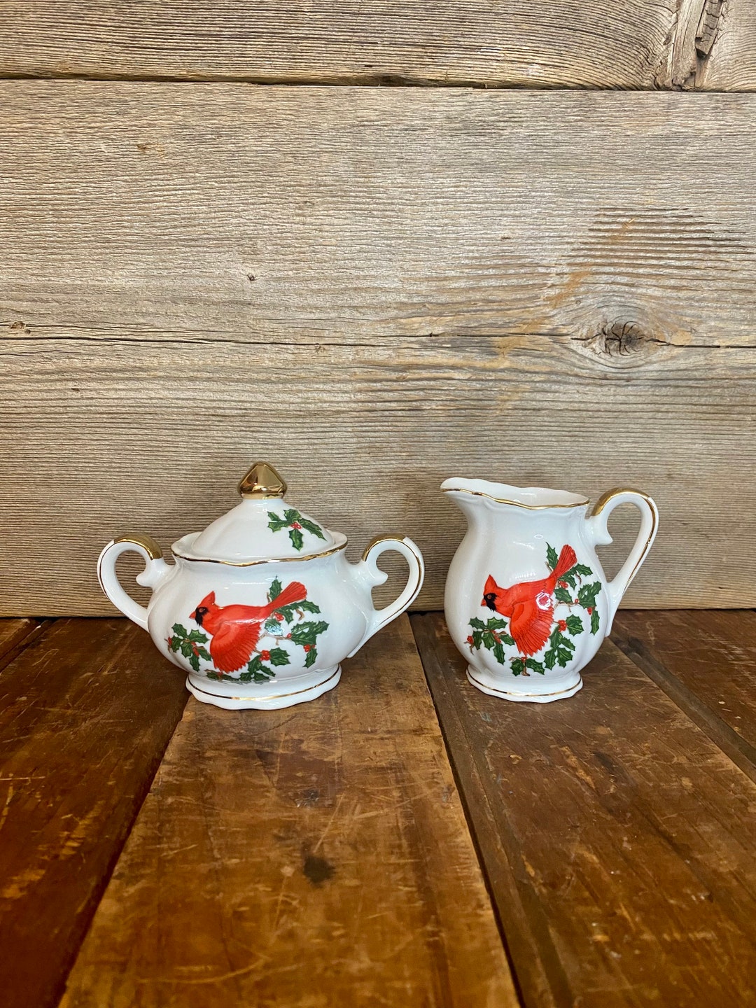 Vintage Lefton Christmas Creamer and Sugar Set, Lefton Cardinal Creamer