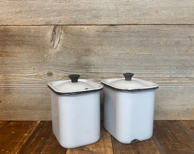 Vintage Enamelware Canister Set, Vintage Kitchen Enamelware, Vintage