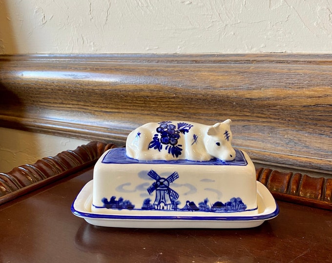 Vintage Cow Butter Dish, Delft Cow Butter Dish, Delft Cow Butter Bowl
