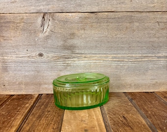 Vintage Green Depression Glass Refrigerator Dish, Vintage Ice Box Storage, Oval Refrigerator Dish, Green Ice Box Container Dish