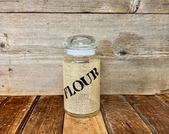 Vintage Flour Canister, Brown Letter Flour Jar,Vintage Anchor Hocking Burlap Pattern Flour Jar, Vintage Typography Jar