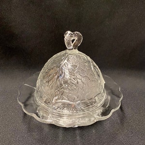 Vintage Round Butter Dish, Vintage Maple Leaf Clear Butter Dish by , Mid Century Butter Dish, Round Covered Butter Dish