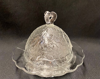 Vintage Round Butter Dish, Vintage Maple Leaf Clear Butter Dish by , Mid Century Butter Dish, Round Covered Butter Dish