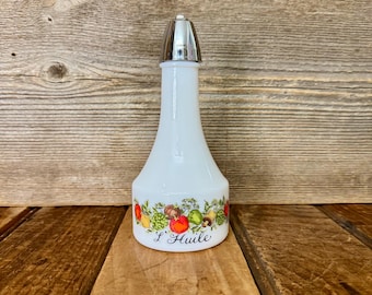 Vintage Gemco Spice of Life Cruet, Vintage Milk Glass Cruet, Vintage L'Huile Cruet with Stopper, Vintage Farmhouse Cruet