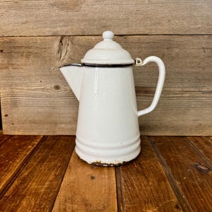 Vintage Enamelware Teapot, White and Black Enamelware Coffee Pot, Farmhouse Enamelware, Enamelware Camping Pot, Vintage Enameled Coffee Pot