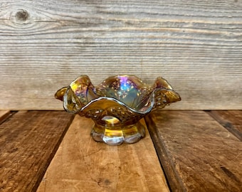 Vintage Iridescent Smoke Ruffled Bowl, Vintage Depression Carnival Glass Bowl, Vintage Crimped Edge Carnival Glass Bowl