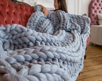 Chunky knit blanket, Chunky knit throw, Chunky blanket, Merino wool blanket, knitted blanket, giant knit blanket, chunky yarn blanket, Wool