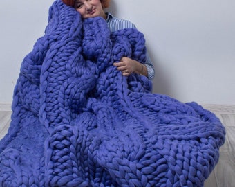 Jumbo Merino Wool Cable Knit Blanket, Chunky Knit, Boho Decor