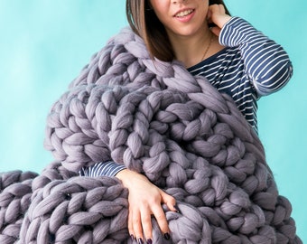 Knit Blanket, Wool knitted chunky blanket made with 100% Merino wool, Throw Blanket, Christmas gift