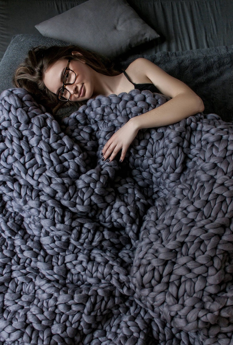 Dark Gray Chunky Knit Blanket, Chunky Blanket, Super Chunky Knit Blanket, Christmas Blanket, Merino Wool Blanket, Throw Blanket, Chunky knit image 1