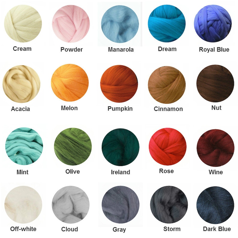 K&ouml;nnte beinhalten: Eine Sammlung von zwanzig kreisf&ouml;rmigen Farbmustern aus farbiger Merinowolle. Die Farben umfassen Creme, Puderrosa, Hellblau, T&uuml;rkis, K&ouml;nigsblau, Beige, Orange, Rost, Braun, Dunkelbraun, Mint, Olivgr&uuml;n, Dunkelgr&uuml;n, Rot, Burgunder, Off-White, Grau, Dunkelgrau, Anthrazit und Marineblau.