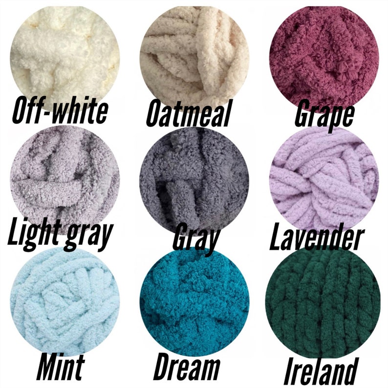 May include: Nine balls of yarn in various colors, including off-white, oatmeal, grape, light gray, gray, lavender, mint, dream, and ireland.