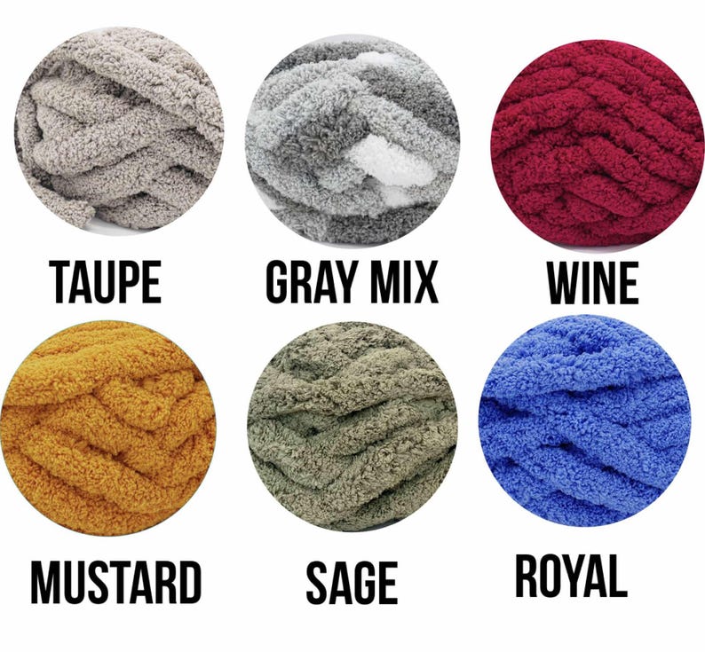 May include: Six balls of yarn in different colors: taupe, gray mix, wine, mustard, sage, and royal blue. The yarn is chunky and fluffy, perfect for crocheting or knitting.