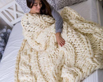 Super Chunky Merino Wool Cable Knit Blanket, Throw