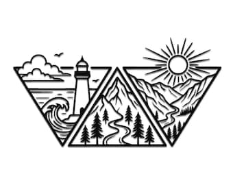 May include: A black metal wall art piece featuring three connected triangular panels. The left panel shows a lighthouse, ocean waves, and clouds. The center panel depicts a winding path through a forest of pine trees. The right panel shows mountains and a sun.