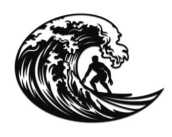 May include: A black metal wall art piece featuring a silhouette of a surfer riding inside a large, curling ocean wave. The design is cut out from a single flat sheet, showing the detailed foam and spray of the wave cresting over the surfer.