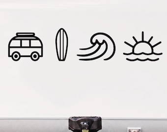 May include: A white camper exterior featuring a black vinyl decal design. The graphic consists of four distinct icons arranged horizontally: a camper van, a surfboard, a stylized ocean wave, and a sun rising over a horizon line of water.