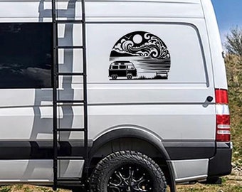 May include: A white van with a black ladder on the side. The van has a black and white decal on the back with a silhouette of a van driving into a sunset. The decal says "See description for decal dimensions. Image for illustration purposes only."