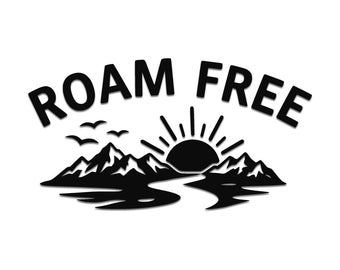 May include: A black graphic decal featuring the text ROAM FREE in a bold sans-serif font arched over a silhouette of jagged mountains, a rising sun with radiating beams, a winding river, and two birds flying in the sky against a white background.