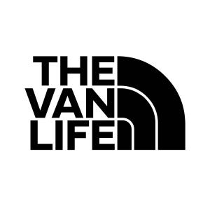 Puede incluir: Dise&ntilde;o gr&aacute;fico en blanco y negro con el texto "THE VAN LIFE" y una cordillera estilizada.