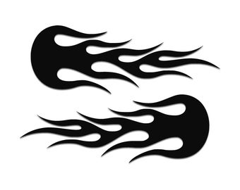 May include: Two black vinyl decals featuring a stylized flame design. Each decal consists of a solid rounded base that tapers into multiple elongated, pointed, and curved flame-like extensions, creating a sharp and dynamic silhouette.