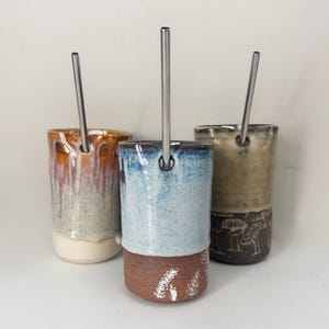 Handmade Ceramic Tumbler with Metal Straw, Reusable Pottery Travel Mug, Eco Friendly Glazed Cup for Coffee, Tea, Smoothies, 10 Styles