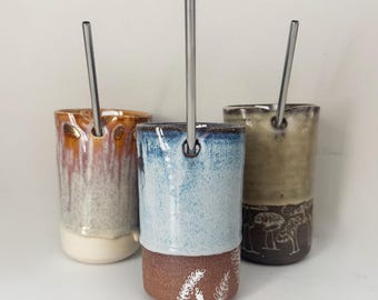 Handmade Ceramic Tumbler with Metal Straw, Reusable Pottery Travel Mug, Eco Friendly Glazed Cup for Coffee, Tea, Smoothies, 10 Styles