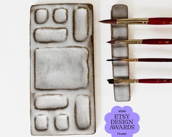 Ceramic Watercolor Palette — Handmade Ceramic Paint Palette with Brush Rest — Stoneware Artist Paint Mixing Tray — Gift for Painter