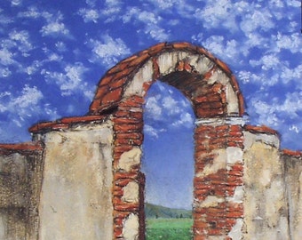 Narrow Gate - small original pastel painting California mission Spanish adobe bricks sky clouds fields wall