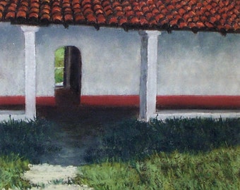 La Purisima Courtyard - small original pastel painting spanish california mission tiles pathway historical