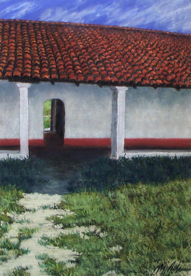 La Purisima Courtyard small original pastel painting spanish california mission tiles pathway historical image 1